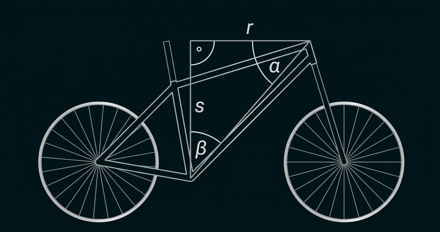 Schematische Darstellung eines Fahrradrahmens mit den Strecken r und s sowie den Winkeln α und β.
